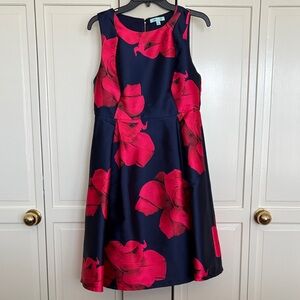 She and Sky Navy Dress with Bold Pink Floral Print Fit and Flare Large